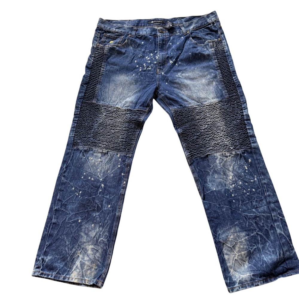Rocawear Moto Biker Jeans Mens‎ 44x32 Blue Acid Wash Paint Splatter Classic Fit
